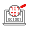 Gray laptop icon with red 1s and 0s highlighted on the screen with a magnifying glass