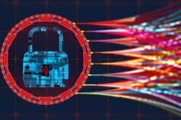Icône de serrure bleue dans un cercle rouge avec rayons fluo lumineux partant en éventail sur la droite