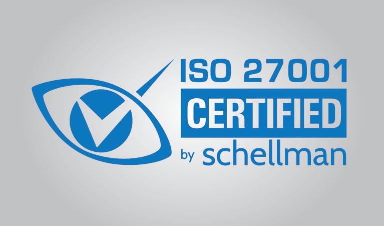 ISO 27001 Certified by schellman beside a blue eye with a checkmark through the pupil 