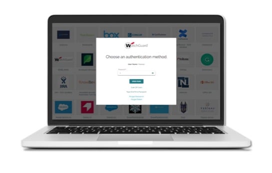Open laptop showing a WatchGuard AuthPoint login dialog on top of an SSO portal