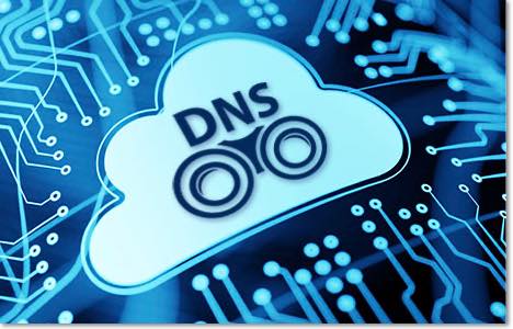 DNSWatch icon on a cloud-shaped label sitting on a circuit board