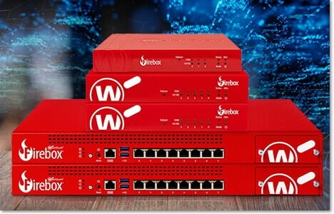 stack of 3 red WatchGuard tabletop Firebox appliances on top of 2 WatchGuard rackmount Firebox appliances