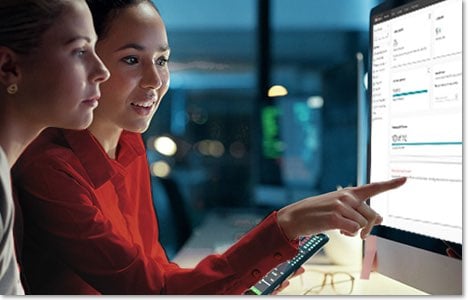 Two young women in an office pointing at a monitor showing a WatchGuard Cloud dashboard