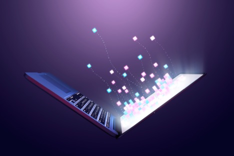 open laptop from the side with squares of light coming out of the keyboard against a purple background