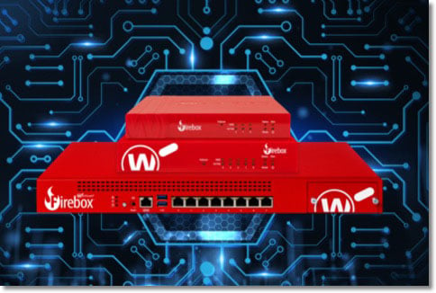 stack of 3 red WatchGuard Fireboxes in front of a blue lit circuit board pattern