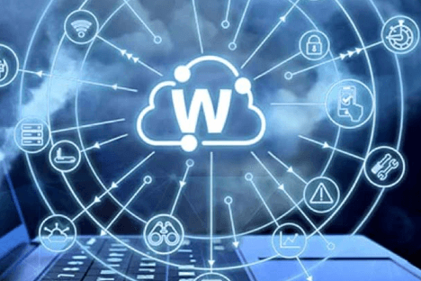 WatchGuard Cloud logo inside a glowing blue circle of network icons floating above a laptop