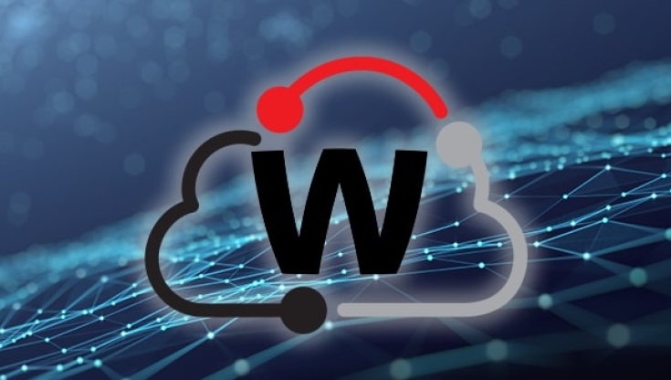 WatchGuard Cloud logo in front of a wavy grid pattern made out of lights