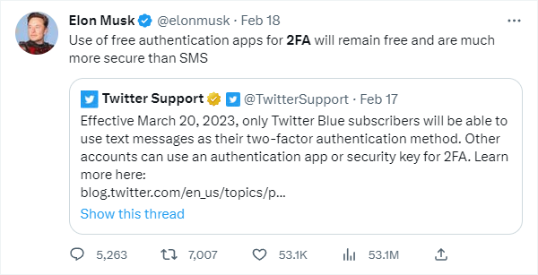 Source: https://twitter.com/elonmusk/status/1627059645293670401